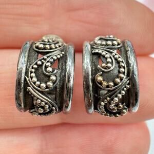 Vintage Silver Bali Style Scroll Beaded Wide Huggie Hoop Earrings Patina 4.08 G